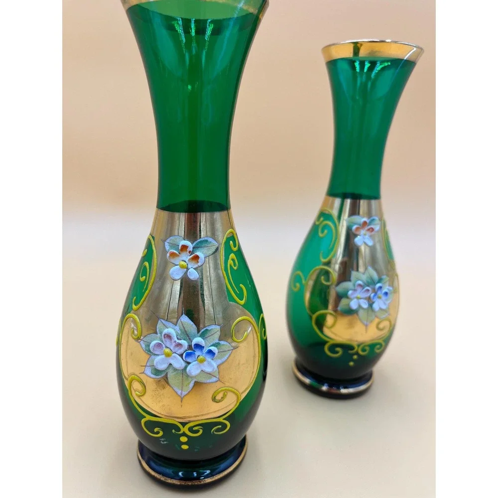 Vintage Royal Sealy Bud Vase Set: Green Glass Bohemian Floral Decor